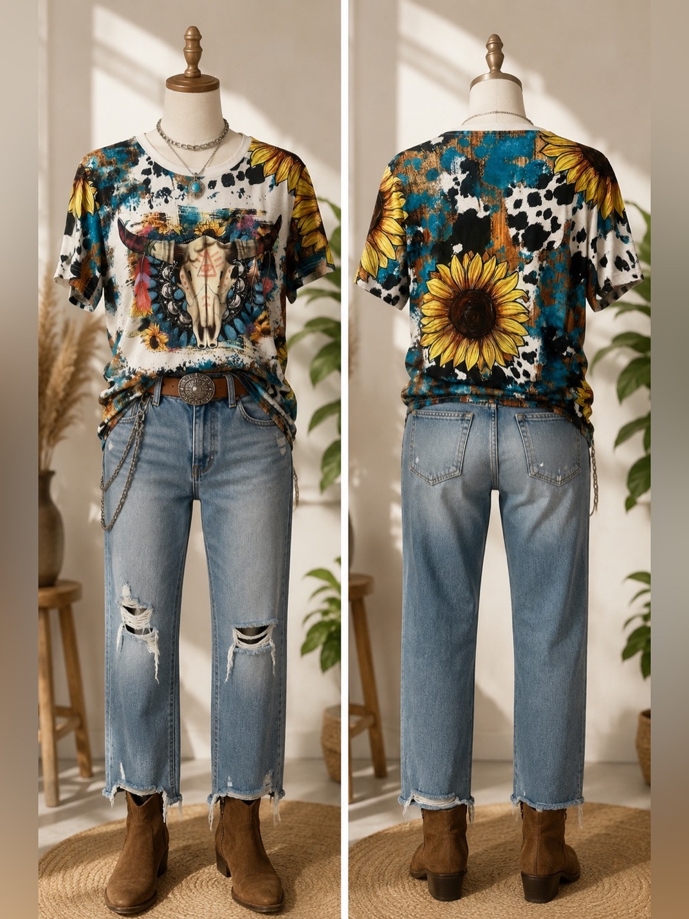 🆕 Sunflower Cow Skull Graphic Tee - Women (Yellow, Blue, Black)